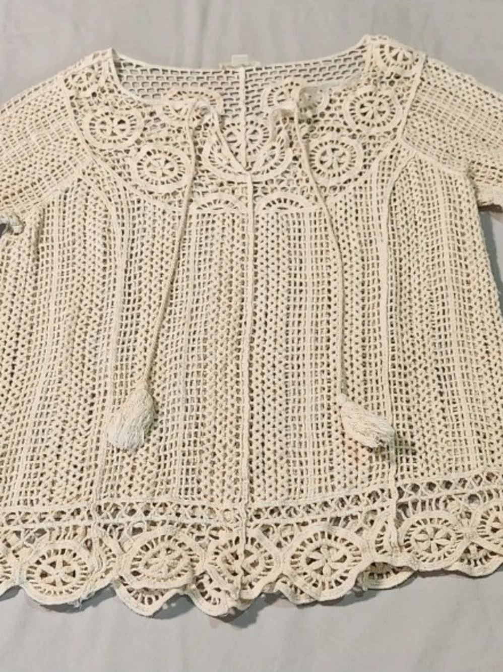 Ultra Pink Cream Crochet Tie-Front Scoop Neck Sweater